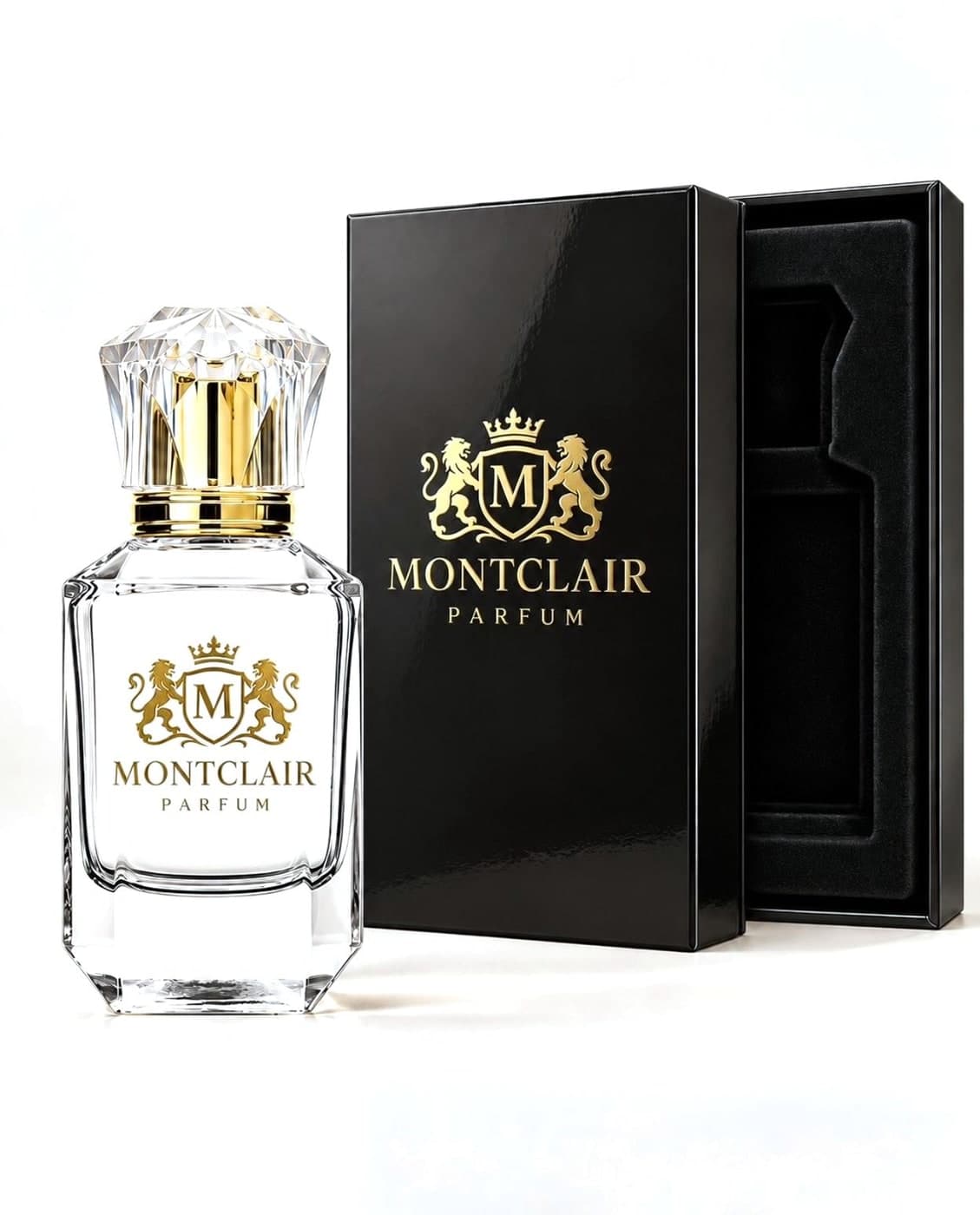 A Montclair Parfum bottle with its crystal cap beside the black and gold presentation box